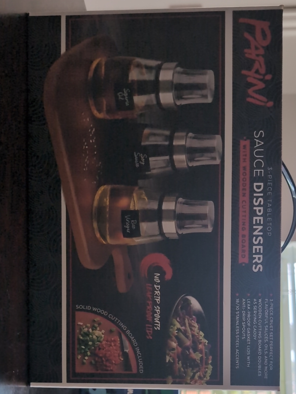 Paderno 3-Piece Sauce Dispensers with Wooden Cutting Board - Black & Silver